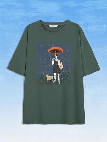 

romwe x inksmuggler mushroom figure & cat print tee 078g#, White