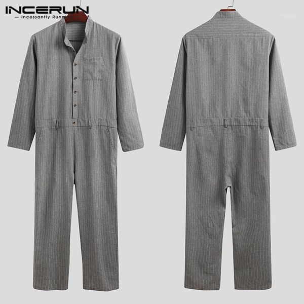 

autumn striped men jumpsuit 2020 casual long sleeve overalls fashion streetwear stand collar chic mens rompers pants incerun 5xl1, Black