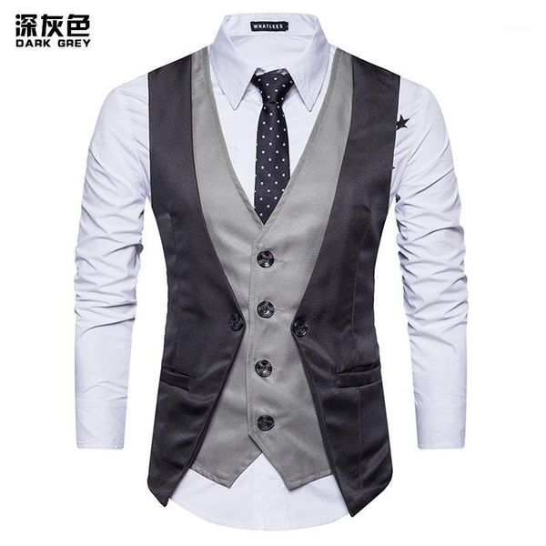 

2018 new arrived business style men v-neck fake two patchwork slim fit button suit vest us size 2xl1, Black;white