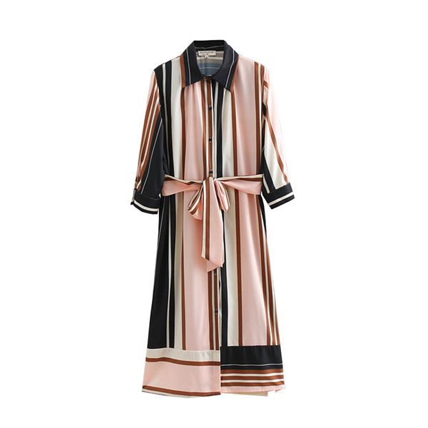 

style women's new shirt autumn striped mid long skirt with belt side slit casual dress, Black;gray