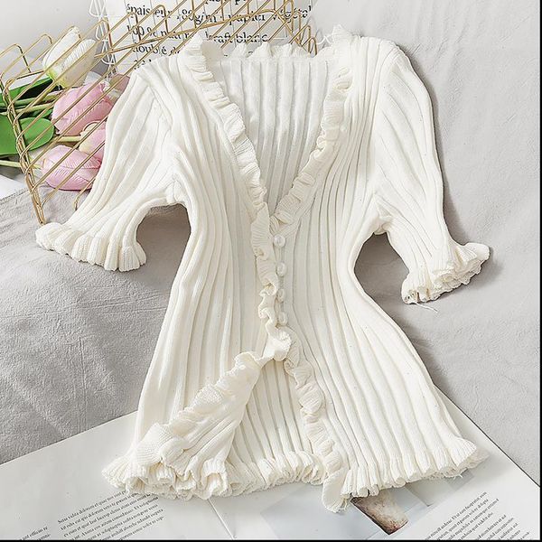 

heliar 2021 summer knitted blouse women long sleeve solid ruffles hem buttons blouse woman womens blouses spring, White