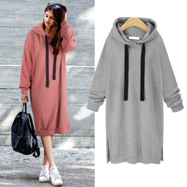 

plus winter hoodies women split thick side autumn sleeve slim casual 2019 sweatshirt dress pullover long drawstring hoodie airhl, Black