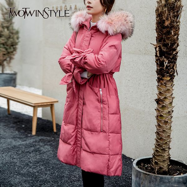 

twotwinstyle winter patchwork fur women's cotton coat hooded long sleeve high waist pocket warm thick parkas female fashion 201029, Black