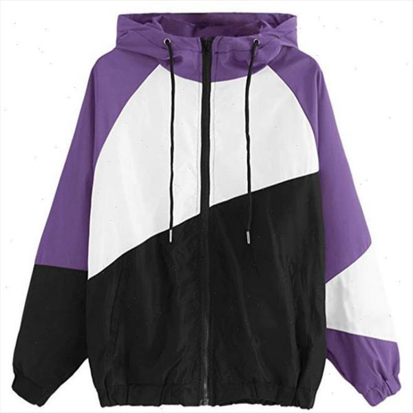 

women hooded jacket summer long sleeve patchwork loose windbreaker lightweight jacket zipper cortaviento mujer 2021 autumn, Black;brown