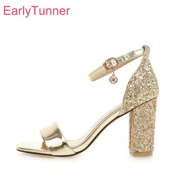 

brand new gold silver women glossy sandals vogue high square heels lady bridal shoes eh979 plus big size  43 46 48, Black