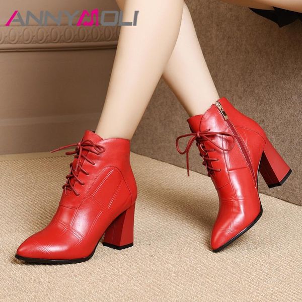 

annymoli winter ankle boots women natural genuine leather square high heel short boots pointed toe shoes female autumn size 4-10, Black
