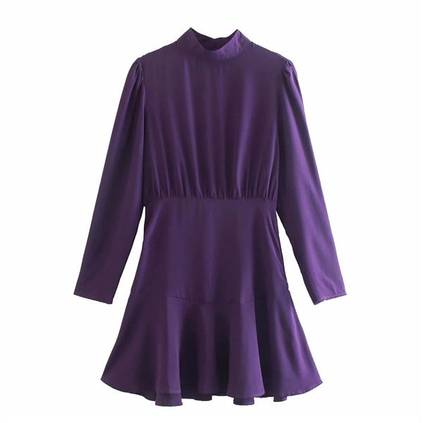 

2021 new purple ruffle mini women vintage high neck long sleeve dress back buttoned opening office ladies elegant dresses menl, Black;gray