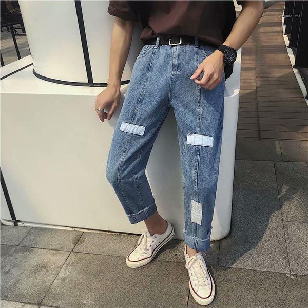 

spring autumn 2020 fashion patch stitching ankle length jeans men korean personality casual students wild loose straight pants1, Blue