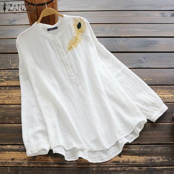 

zanzea 2020 vintage embroidery shirts women tunic casual long sleeve cotton blouse buttons o neck female blusas plus size1, White