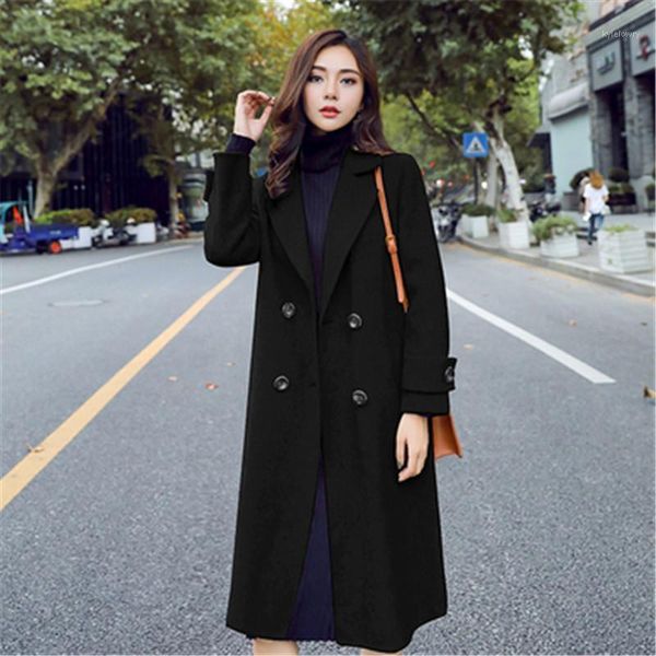 

plus size solid streetwear all match windbreake female botton women winter jacket woolen coat wool coat turn-down collar 20191, Black