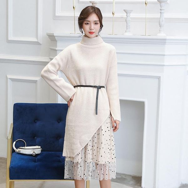

women's sweaters elegant fashion women autumn winter over the knee high neck bottoming sweater mesh dress, White;black