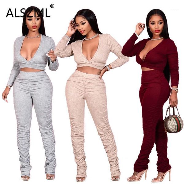 

simple pure color deep v neck long sleeve crop and pants 2 pieces set high street chic lady fashion tracksuits1, Gray