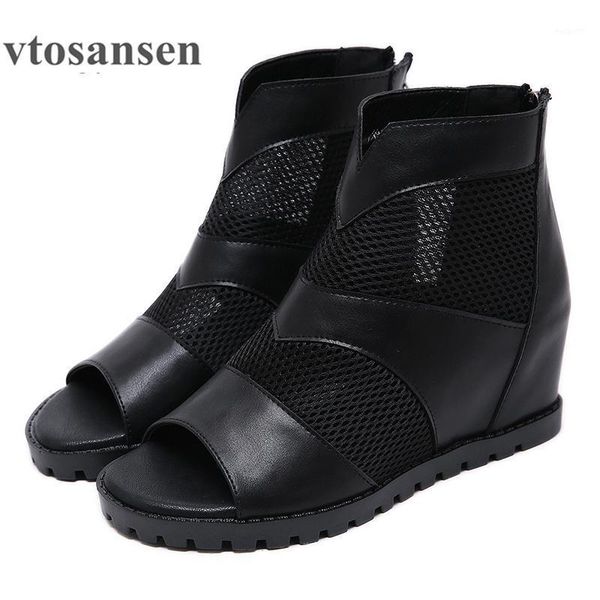 

boots 2021 retro style open toe shoes woman summer height increasing hollow mesh breathable european female black1, Black
