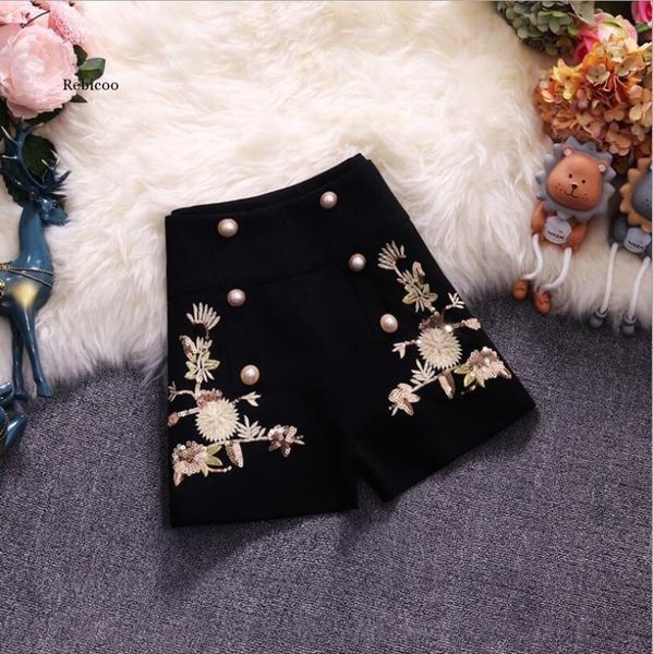 

summer embroidery floral suit fabric spring summer women's shorts1, White;black