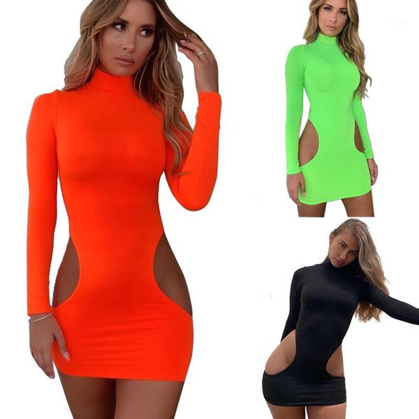 

bkld women summer dress 2020 new cut out dress long sleeve neon green bodycon mini clubwear party dresses women evening1, Black;gray
