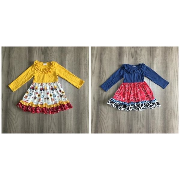 

girlymax fall/winter baby girls cotton chlidren clothes mutard farm yard truck cow dress long sleeve belt ruffles knee length lj200923, Red;yellow