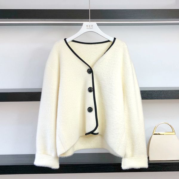 

2021 New Female Fashion Oversized Cardigan Leopard Fall and Winter Loose Korean Style Mink Sweater with Cleavage V. Roughly Knit Tops STMS, White;black