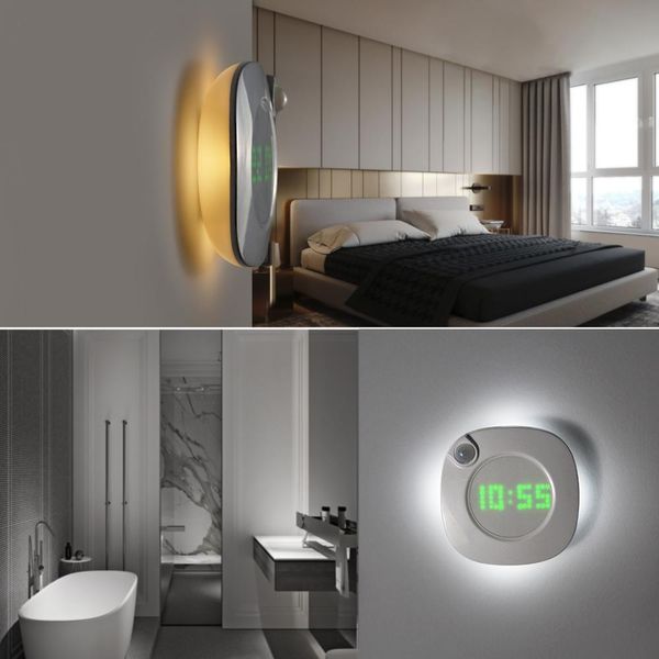 USB moderno orologio da parete lampada grande LED PIR sensore di movimento 360 gradi design digitale casa soggiorno bagno studio tavolo orologio luce Y200407