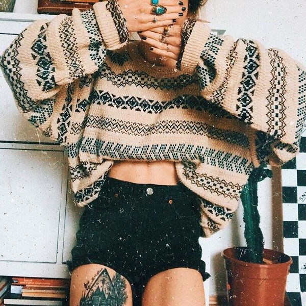 

2021 oversized sweater women winter new casual medium long round neck vintage sweater blouse retro pattern jacquard elegant1, White;black