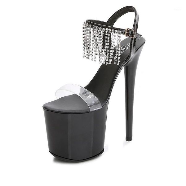 

firmranch women's shoes summer rhinestone tassel transparent vamp 20cm super high heel sandals1, Black