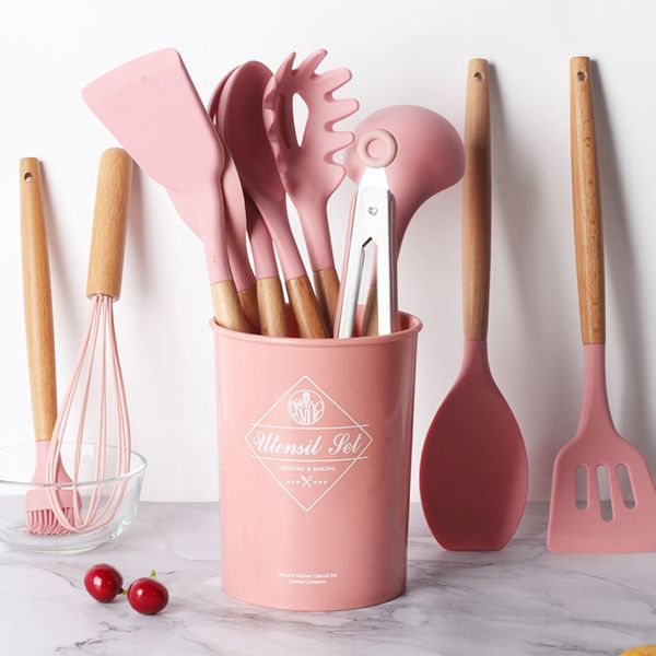 Accessori Organizzatori di imballaggi Set di utensili da cucina in silicone Spatola antiaderente Pala Manico in legno Strumenti con scatola di immagazzinaggio Accessorio per utensili da cucina