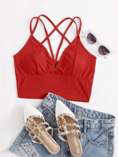 

caged back ribbed bralette j9f9#, White