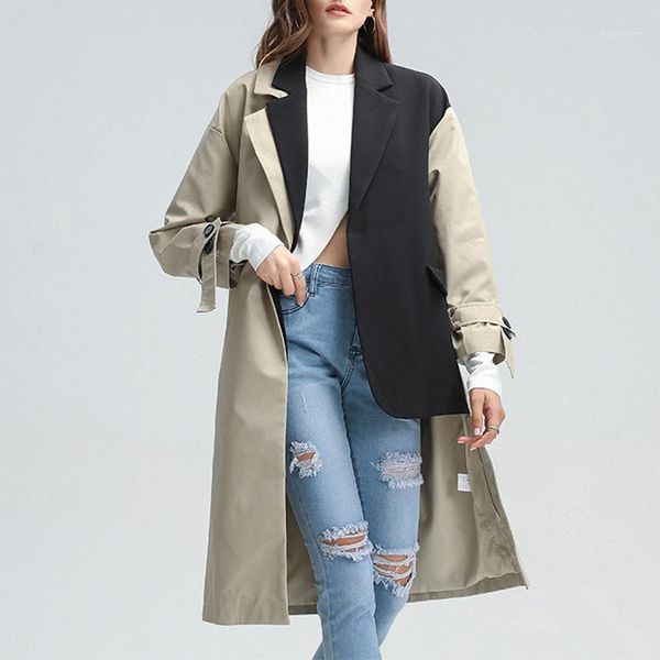 

2020 autumn new fashion high temperament notched patchwork adjustable waist asymmetric length windbreaker casual women coats1, Tan;black