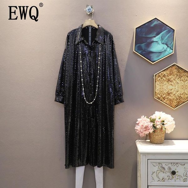 

women's blouses & shirts [ewq] 2021 spring autumn full sleeve lapel collar over size loose wild fashion flashing dots office lady shirt, White