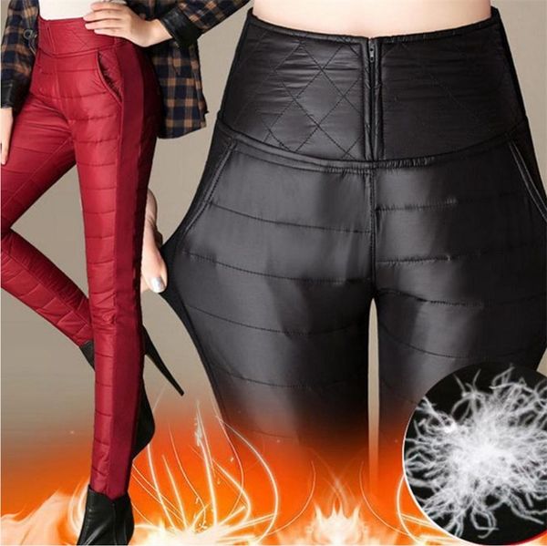 

2021 new winter woman pencil warm duck down veet women's pants high solid ny leggings elastic waist trousers umv0, Black;white