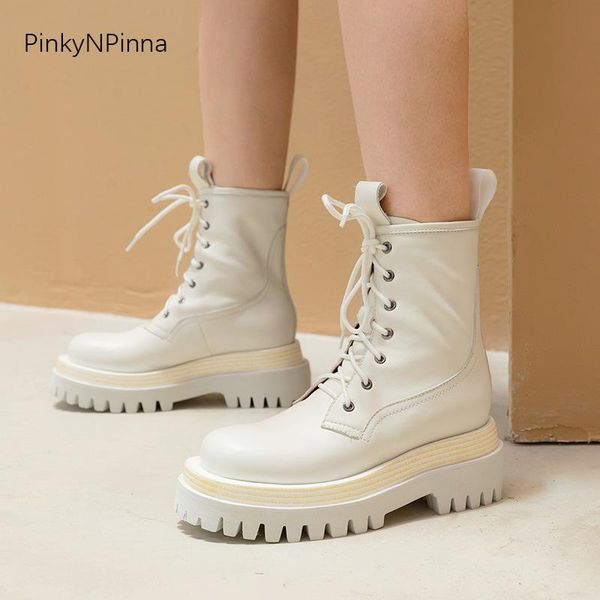 

new style women genuine leather cowhide ankle boots super high platform flat laced up plush lining winter booties, Black