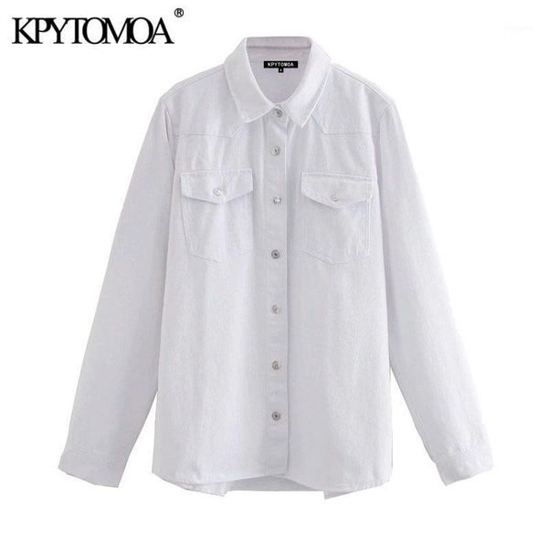 

kpytomoa women 2020 fashion with pockets loose denim blouses vintage lapel collar long sleeve female shirts blusas chic 1, White