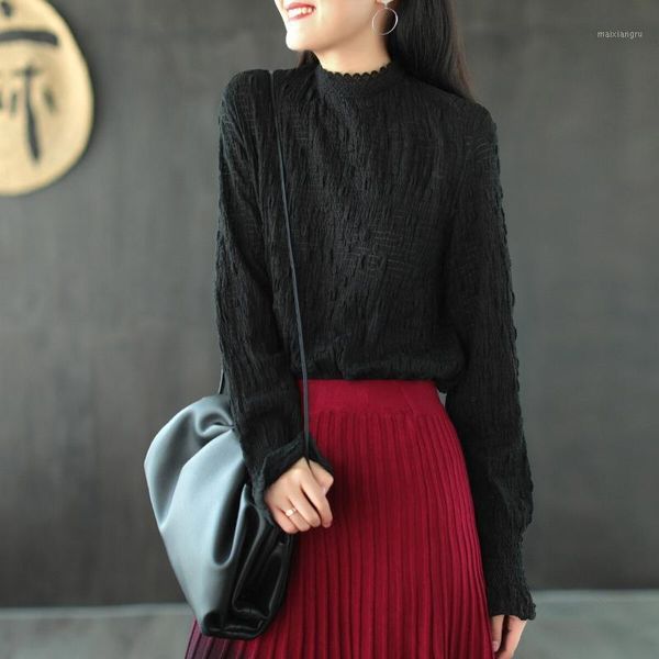 

fairynatural ladies retro slim type women half high collar casual 2020 new autumn spring shirt 1, White