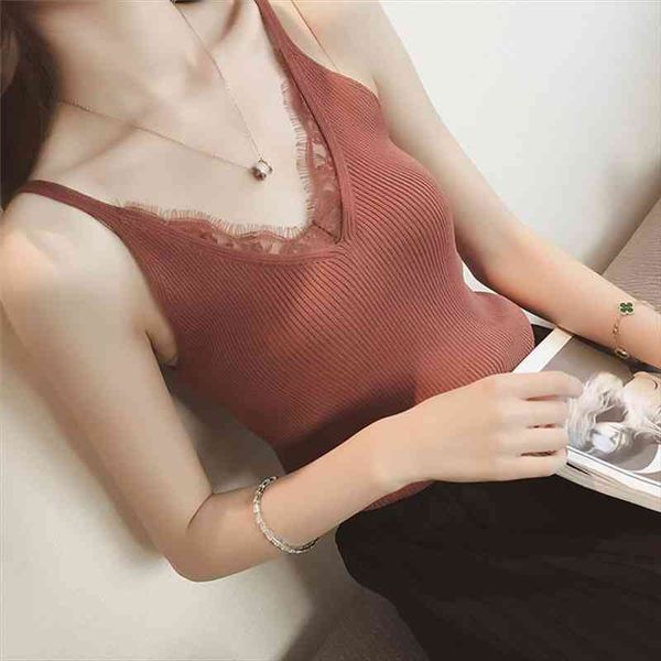

women plain camisole lace splicing double v-neck vest slim sling camis, White