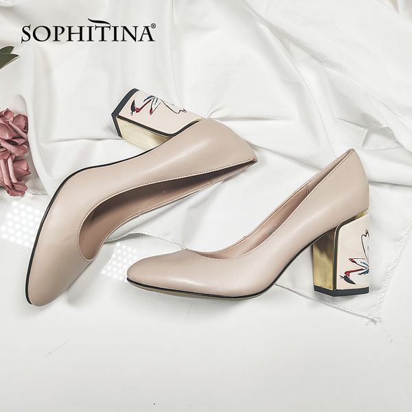 

sophitina party women's pumps comfortable unique print design square heel genuine leather shoes shallow pumps c605 t200525, Black