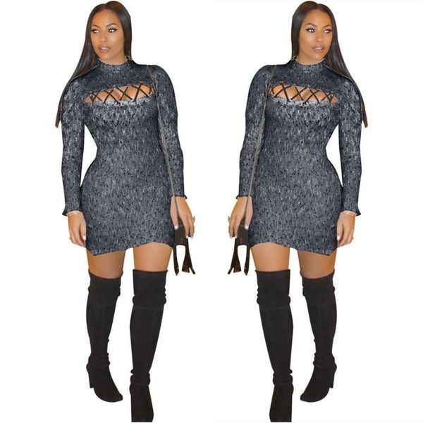

55ls6173 autumn winter women casual fashion solid hollow out bandage skinny bodycon sweater dress vestidos plus size hot, Black;gray