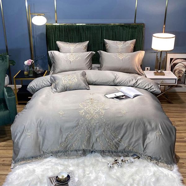 

papa&mima silver grey golden european baroque embroidery silk cotton bedlinens print bedding set sheet pillowcase duvet cover