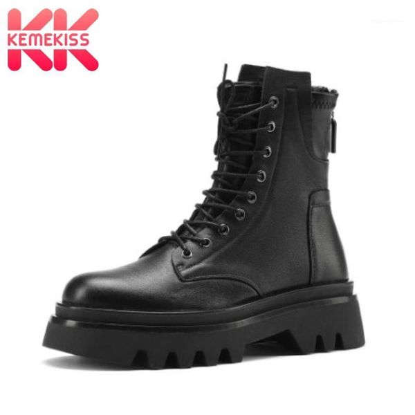 

boots kemekiss real leather women ankle zipper fashion platform high heel winter shoes woman cross strap footwear size 35-391, Black