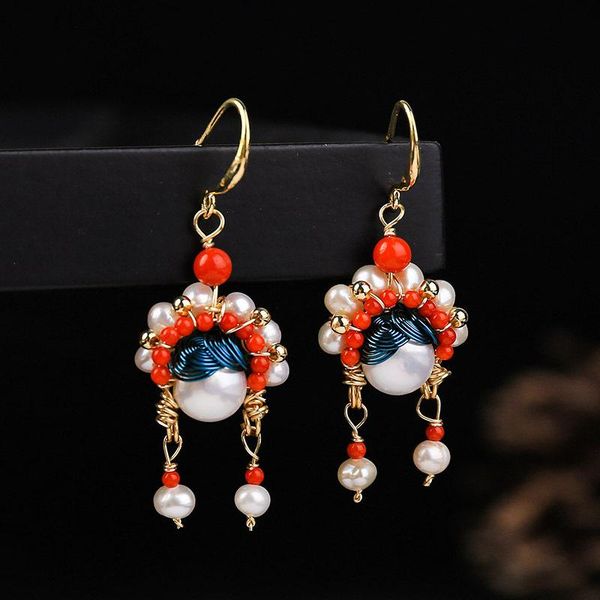 

ethnic face shape red beads small drop earrings with hook women vintage handmade freshwater pearl piercing earrings jewelry eh17, Silver