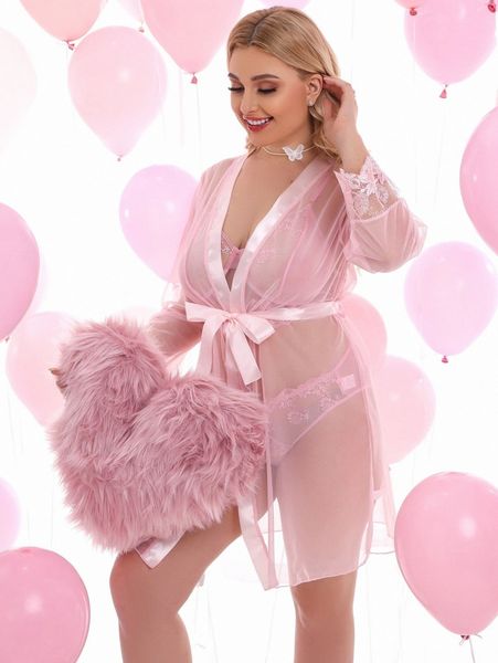 

plus sheer mesh belted robe without lingerie i1bw#, Black;white