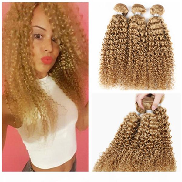 

kinky curly peruvian human hair #27 honey blonde virgin remy hair wefts extensions 10-30" strawberry blonde human hair weaves 3 bundles, Black