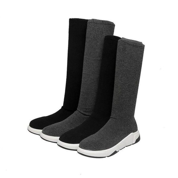 

winter new womens medium length boots thick bottom round toe slip on warm female over the knee long black stretch fabric