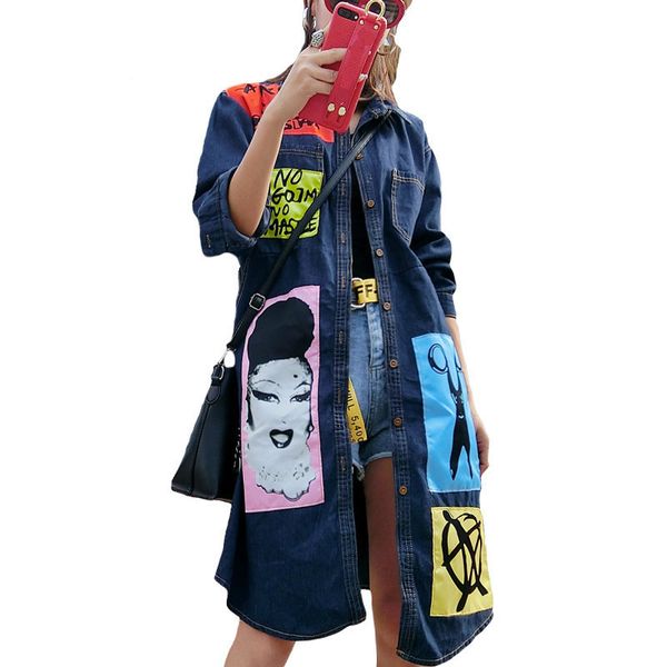 

long denim trench vintage fashion streetwear cotton woman fall jacket jeans patched coat 8jam, Black;brown
