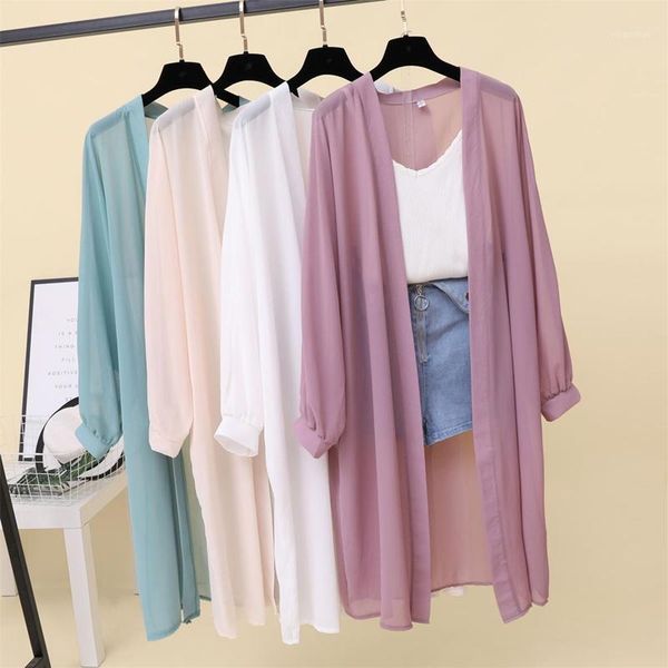 

women summer kimono cardigan long sleeve sun protection blouse shirt long chiffon sunscreen solid shirts outwear oversize coat1, White