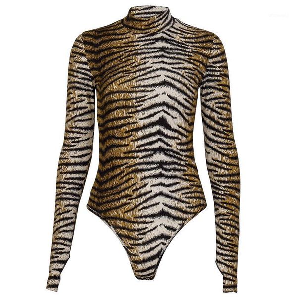 

2021 new fashion stripe high collar slim long sleeve bodysuit autumn winter tiger-shaped print bodysuit1, Black;white