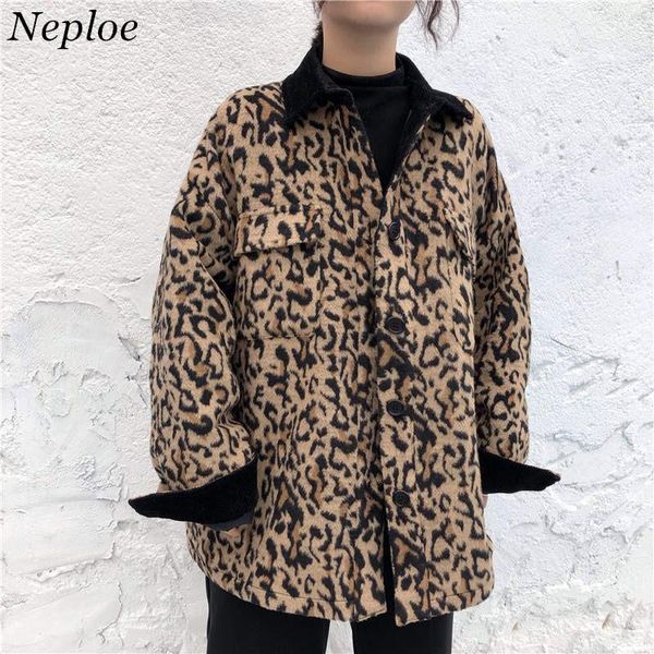 

neploe leopard thicken winter coat long sleeve medium-long jacket woman causal oversized outwear turn-down collar jacket 377821, Black