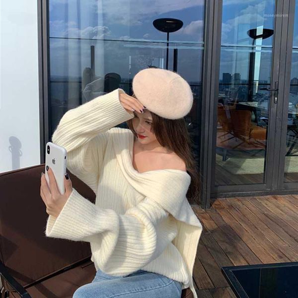 

women's sweaters autumn and winter fashion design sense pure color long-sleeved sweater all-match loose women's clothing1, White;black