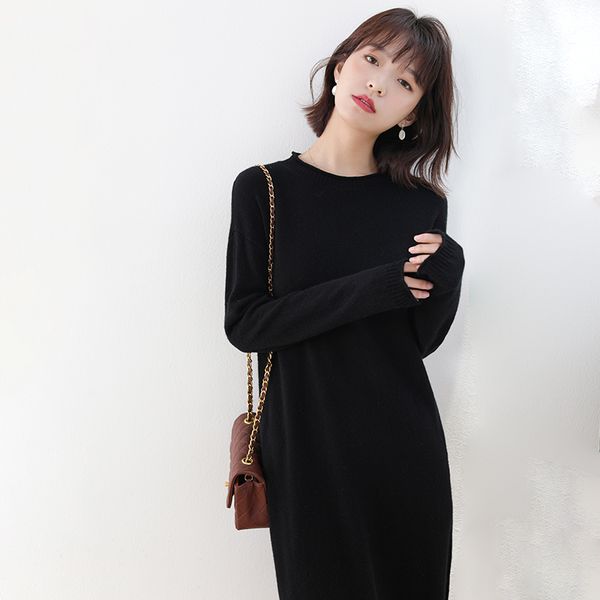 

2021 new 100% wool knitted o-neck women fashion sweater longer female winter autumn stardard woolen xota, Black;gray