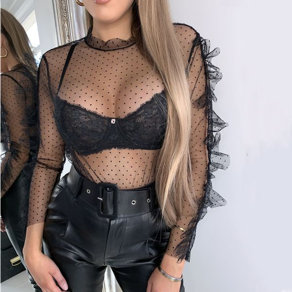 

new mesh for women polka dot net see through t shirt transparent undershirt base camisas summer crop clubwear