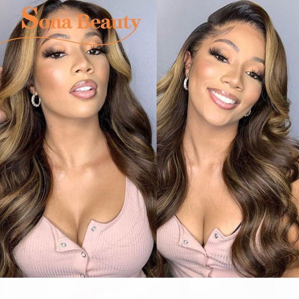 

highlight wavy lace front human hair wigs pre plucked ombre #4 27 brazilian remy colored lace part wig for women, Black;brown