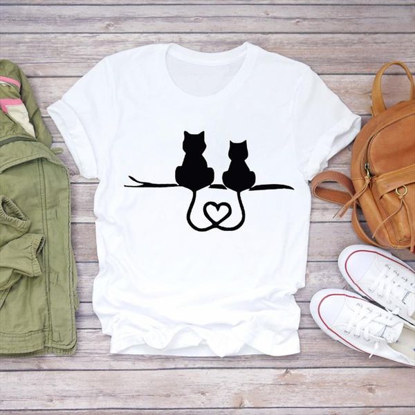

women t shirts cat love fashion animal printing short sleeve 90s print lady womens graphic t shirt female tee shirt, White
